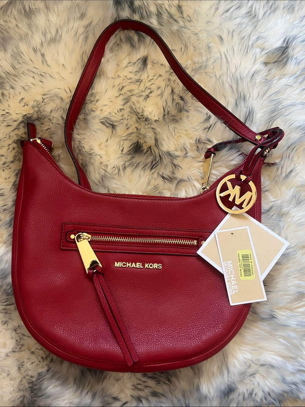 Michael Kors Red Leather Crescent Shoulder Bag with Gold Hardware